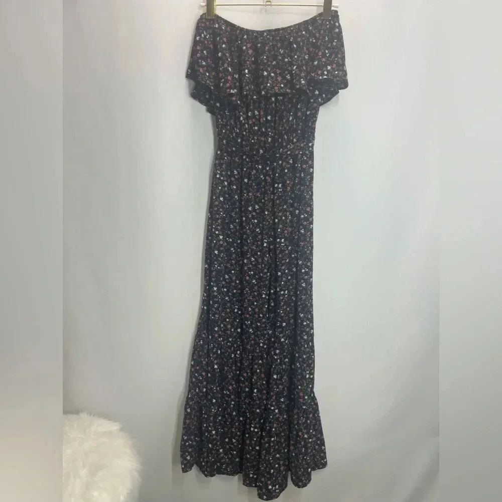 Umgee Be Playful Navy Ditsy Floral Off Shoulder Ruffle Wide Leg Navy Jumpersuit